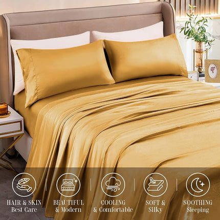 Elegant Comfort Luxurious 4-Piece Silky Satin Sheet Set, Skin and Hair Friendly, Wrinkle, Fade, Stain Resistant with Deep Pockets Fitted Sheet, Cooling Soft Satin Sheet Set, Queen, Gold
