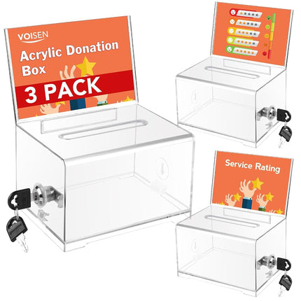 VOISEN Clear Donation Box with Lock,3 Pack Tip Jar