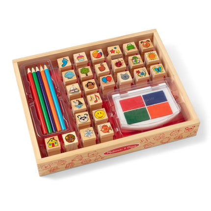 Melissa & Doug Wooden Stamp Set, Favorite Things - 26 Stamps, 4-Color Stamp Pad with Washable Ink for Art Projects for Kids Ages 4+