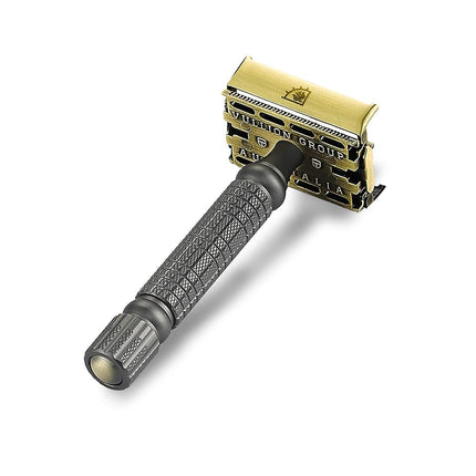 VIKINGS BLADE The Chieftain '5 BC' Double Edge Safety Razor, Raven Black & Vintage Bronze (Brass, Neutrally Aggressive)