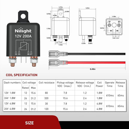Nilight 2PC 200A Starter Relay 4 Pin Split Charge Relay Switch 12V Continuous SPST High Current 4 Terminal Car Starter Control Relay w/Copper Wire Lugs for Automotive Car Truck Camper, 2 Year Warranty