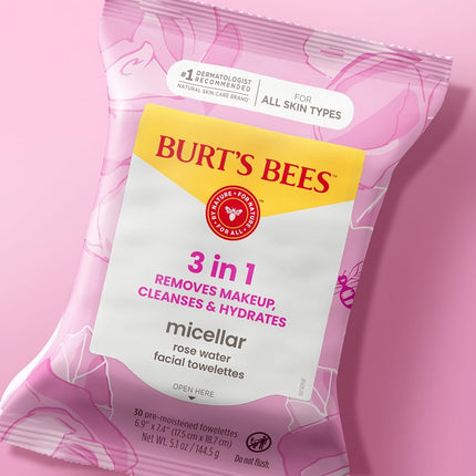 Burts Bees Mothers Day Face Wipes Gifts for Mom, Makeup Remover Facial Cleansing Towelettes for All Skin Types, 3 in 1 Hydrating Micellar Cleanser with Rose Water, 30 Count (Pack Of 3)