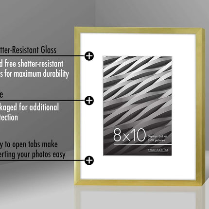 Americanflat 8x10 Photo Frame in Gold - Use as Thin Border 7x5 Photo Frame with Mount or 8x10 Frame without Mount - Picture Frame with Shatter-Resistant Glass and Easel for Wall and Tabletop Display