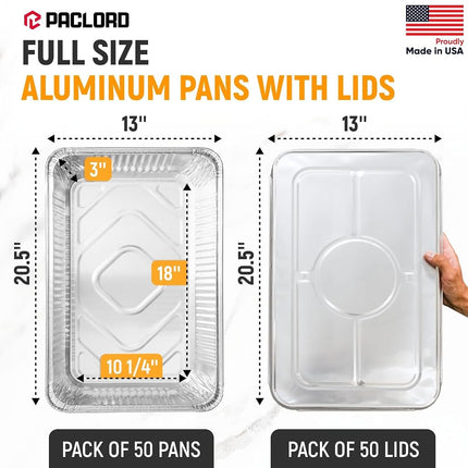 Paclord Aluminum Pans with Lids - 21" x 13" Full Size Foil Pans with Lids, Pack of 50 Pans and 50 Lids, USA-Made Disposable Aluminum Trays for Chafing Racks - Great for Cooking, Heating, Food Storing