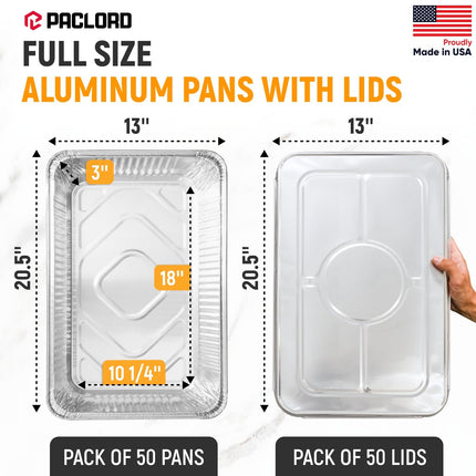 Paclord Aluminum Pans with Lids - 21" x 13" Full Size Foil Pans with Lids, Pack of 50 Pans and 50 Lids, USA-Made Disposable Aluminum Trays for Chafing Racks - Great for Cooking, Heating, Food Storing