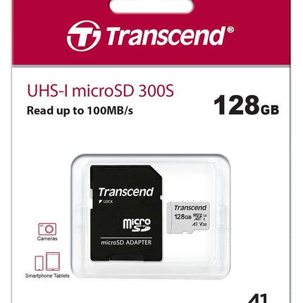 Transcend USD300S 128GB microSDXC U3 V30 A1 Memory Card with Adapter, for 4K Video, GoPro, Drones & Cameras TS128GUSD300S-A