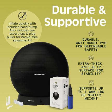 Retrospec Luna Exercise Ball, Base & Pump/Ball & Pump with Anti-Burst Material - Fitness Gym Swiss Ball - Perfect for Balance, Stability, Yoga, Pilates, Pregnancy & Birthing - 65cm - Black