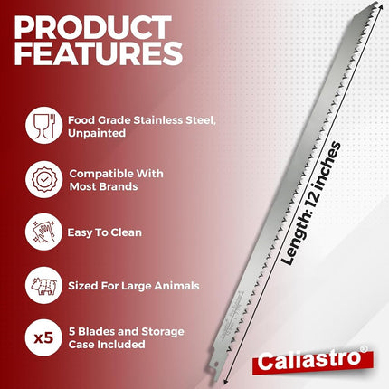12-Inch Stainless Steel Frozen Meat Bone Cutting Saw Blades for Reciprocating and Sawzall Saws - 5 Pack - Caliastro