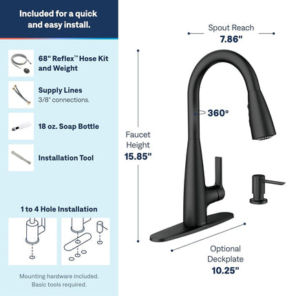 Moen 87627BL Haelyn Single-Handle Pull-Down Sprayer Kitchen Faucet with Reflex and Power Clean, Matte Black