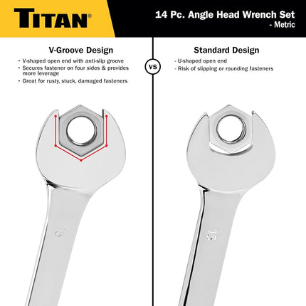 Titan 17284 14-Piece Metric Angle Head Open End Wrench Set