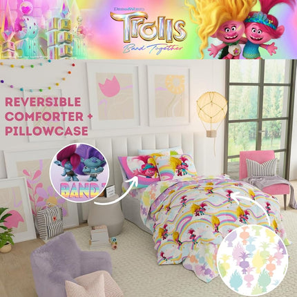 Franco DreamWorks Trolls 3 Band Together Kids 5 Piece Bedding Super Soft Reverisble Comforter and Sheet Set with Sham, Twin, (Officially Licensed Product)