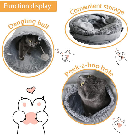 Terunat Cat Tunnel for Indoor Cats, 51×12 inch Foldable Big Cat Tunnel, Grey Suede Pet Tunnels with Two Peepholes and a Bubble Ball
