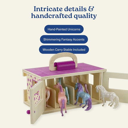Breyer Bandai Unicorn Magic Wooden Stable Playset, 6 Stablemates 10cm 1:32 Scale Unicorn Toys And Wood Carrying Stable, Plastic Animal Figures Make Great Unicorn Gifts For Girls And Boys