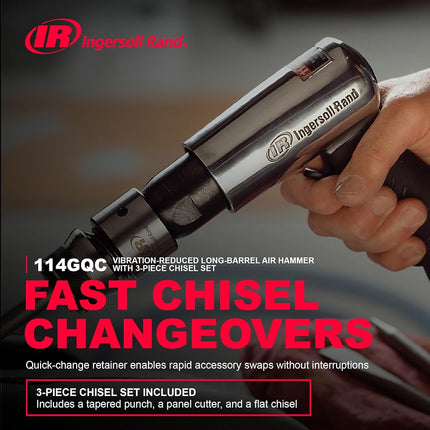 Ingersoll Rand 114GQC Air Hammer - 3 PC Chisel Set with Tapered Punch, Panel Cutter, Flat Chisel, 2-5/8 Inch stroke, 3500 BPM, Lightweight, Compact, Gray