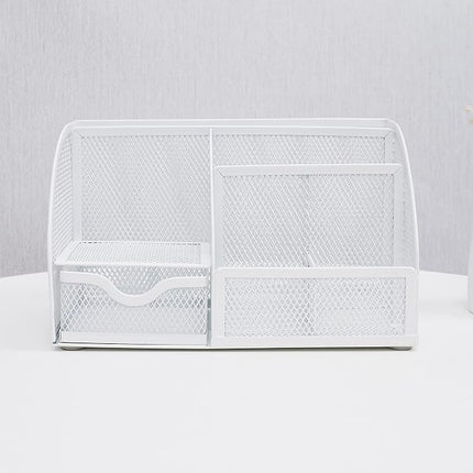 Annova Mesh Desk Organizer Office with 7 Compartments + Drawer/Desk Tidy Candy/Pen Holder/Multifunctional Organizer (White)