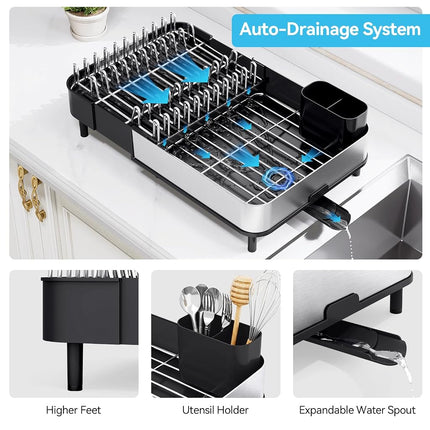 Urackify Foldable Dish Drying Rack, Expandable 304 Stainless Steel Dish Drainer with Removable Cutlery Holder, Space-Saving Dish Rack for Kitchen Counter, Black