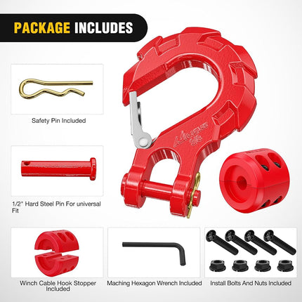 Nilight Forged Steel Winch Hook 3/8" Grade 70 Safety Latch Winch Cable Hook Stopper & Clevis Slip Hook Sets, Included Allen Wrench,Max 35,000 lbs,2 Years Warranty, Red