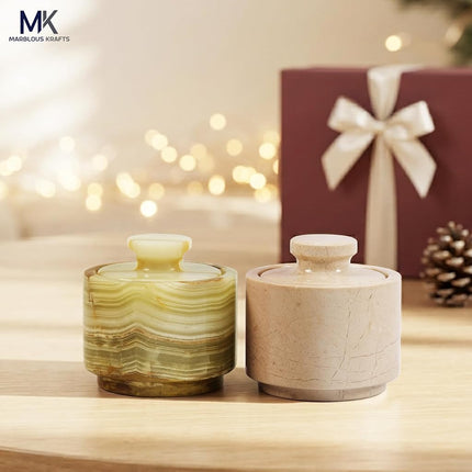 MARBLOUS KRAFTS Marble Salt Cellar 3" Green and Verona Salt Holder with Lid Bowls, Seasoning Containers Kitchen Storage, Home Décor