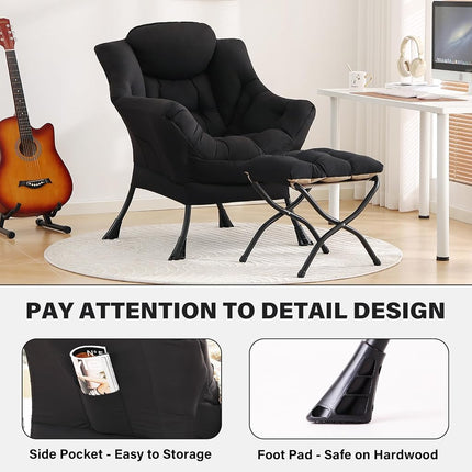 Tiita Lazy Chair with Ottoman, Modern Lounge Chair with Footrest,Black