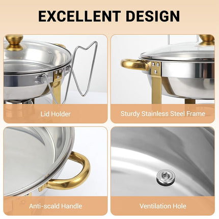 Chafing Dishes for Buffet Set of 2, 5QT Stainless Steel Buffet Serves and Warmers, Round Catering Food Warmers with Glass Lid & Lid Holder for Parties Gatherings Events Wedding Banquet, Gold