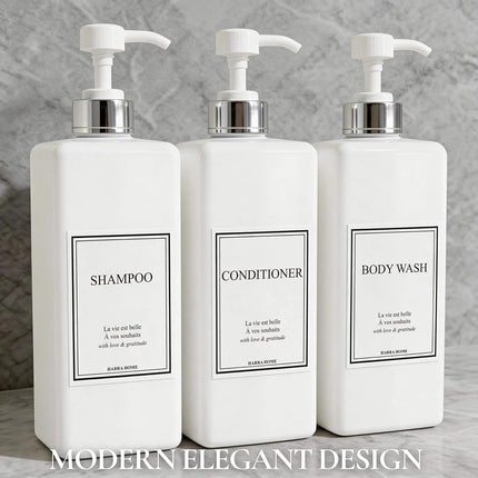 HARRA HOME Modern Gold Design Pump Bottle Set 27 oz Refillable Shampoo and Conditioner Dispenser Empty Shower Plastic Bottles with Pump for Bathroom Lotion Body wash, Pack of 3 (White & Silver)
