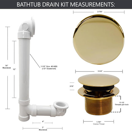 Westbrass 493244H-01 12" & 4" Bath Waste & Overflow Assembly with Tip-Toe Drain Plug and Illusionary Faceplate-SCH. 40 PVC Pipe, 1-Pack, Polished Brass