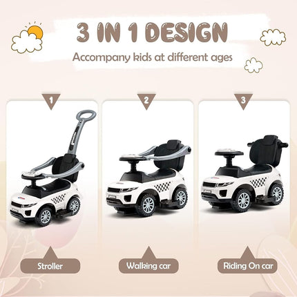 OLAKIDS 4 in 1 Ride on Push Car, Toddlers Sliding Walking with Horn, Music, Lights, Removable Guardrails and Handle, Underneath Storage, Foot-to-Floor Walker for Boys Girls (Ivory White)