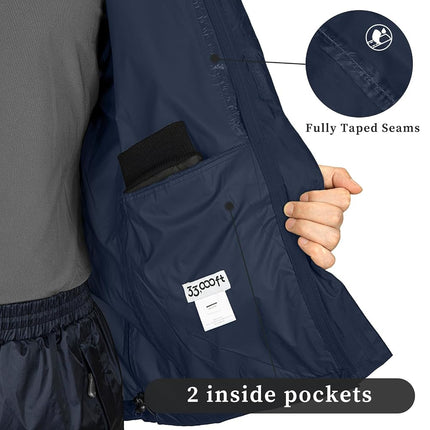 33,000ft Packable Rain Jacket Men's Lightweight Waterproof Rain Shell Jacket Raincoat with Hood for Golf Cycling Windbreaker, Dark Blue, Small