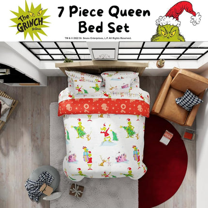 Franco Comforter and Sheet Set with Sham, Microfiber, Grinch-White + Red, 7 Piece Queen Size