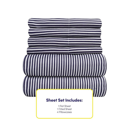 Sweet Home Collection 6 Piece Bed Sheets 1500 Thread Count Fine Microfiber Deep Pocket Set-Extra Pillow Cases, Value, Full, Classic Stripe Navy