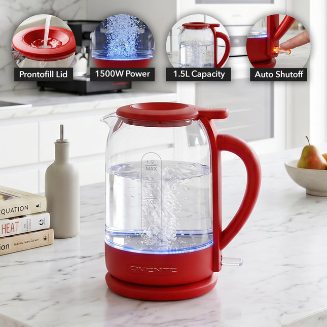 Hervidor eléctrico OVENTE con vidrio de borosilicato de 1.5 L, calentador de agua de 1500 W de ebullición rápida para café o té, tapa fácil de llenar, apagado automático, protección contra ebullición en seco y filtro de acero inoxidable, rojo KG516R