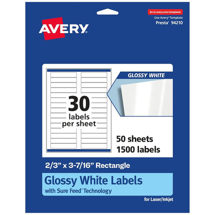 Avery Glossy White Rectangle Labels with Sure Feed, 2/3" x 3-7/16", 1,500 Glossy White Labels, Permanent Label Adhesive, Laser/Inkjet Printable Labels