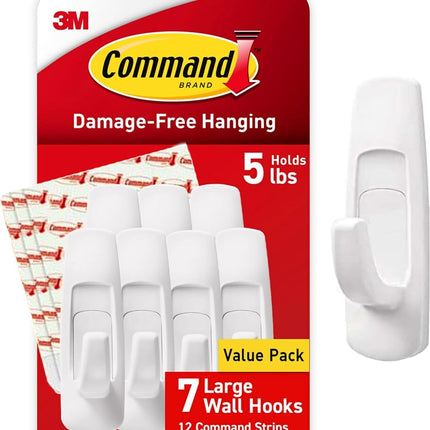 Command Large Utility Hooks, Damage Free Hanging Wall Hooks with Adhesive Strips, No Tools Wall Hooks for Hanging Back to School Dorm Organizers, 7 White Hooks and 12 Command Strips
