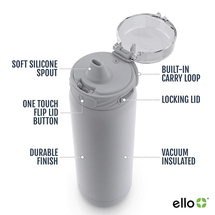 Ello Cooper 22oz Stainless Steel Water Bottle with Straw and Carry Handle, Double Walled and Vacuum Insulated Metal, Leak Proof Locking Lid with Soft Silicone Spout, Reusable, BPA Free, Grey