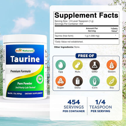 Best Naturals 100% Pure Taurine Powder free form - Taurine 1000mg per serving - 1 Lb (454 gm) (1 LB (Pack of 3))