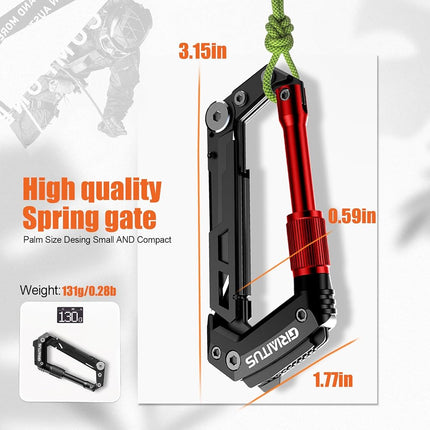 Carabiner Multitool 8-in-1 EDC Carabiners Pocket Knife, Serrated Knife, Rope Cutter, Screwdriver, Can Bottle Opener, Ruler, Survival Gear for Camping Climbing(Red)