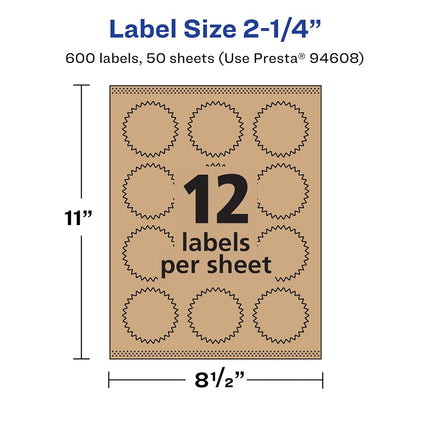 Étiquettes étoile Kraft marron Avery avec Sure Feed, 5,7 cm, 600 étiquettes kraft marron, impression bord-à-bord, étiquettes imprimables laser/jet d'encre