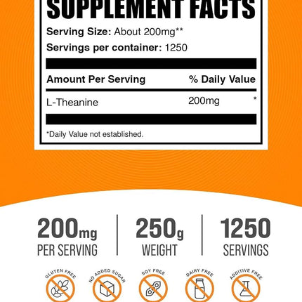 BulkSupplements.com L-Theanine Powder - L-Theanine Supplement, L-Theanine 200mg - Amino Amino Supplement, Pure & Gluten Free, 200mg per Serving, 250g (8.8 oz) (Pack of 1)