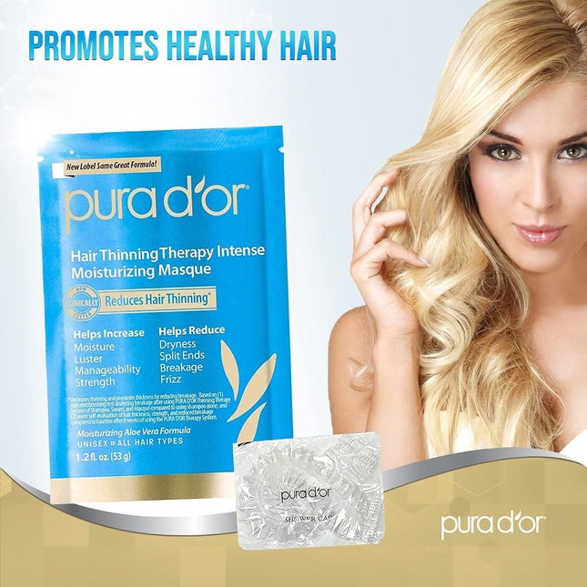 PURA D'OR Hair Thinning Therapy Intense Moisturizing Biotin Masque 1.2oz 8-Pack (9.6oz) Deeply Hydrating Treatment Hair Mask with Caffeine, Catalase for Thicker Hair, Men & Women (Packaging may vary)