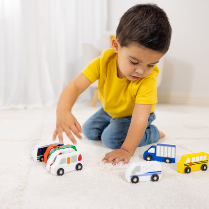 Melissa & Doug Set de vehículos de madera para la ciudad (bandeja de madera para guardar, 9 piezas)