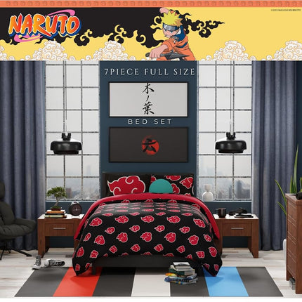 Franco Comforter and Sheet Set, Microfiber, Black-Naruto, 7 Piece Full Size