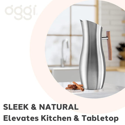 OGGI Slimline Stainless Steel Pitcher- Stainless Steel Water Pitcher w/Ice Guard, Water Carafe, Great Metal Pitcher for Entertaining, Ideal 68oz / 2 Lt Drink Pitcher