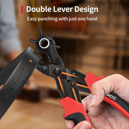 XOOL Leather Hole Punch Plier, Heavy Duty Rotatable Belt Hole Puncher with 6 Different Sizes Used for Belt, Watch Belt, Belt, Shoes, Purses, Clothes, Cardboard, Paper, Hard PVC, etc