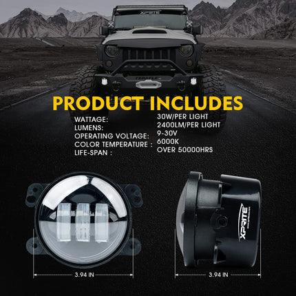 Xprite 4-Inch LED Fog Lights 60W High-Intensity Off-Road Fog Lamp for Driving, DOT Approved Replacement Compatible with 2007-2018 Jeep Wrangler Unlimited JK
