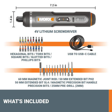 Taladro atornillador de litio de 4 V de WORX con kit de accesorios de 30 piezas WX242L