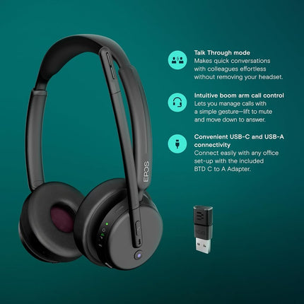 EPOS IMPACT 500 ANC Wireless Headset – Teams Certified with USB-C & USB-A Connectivity – Advanced Bluetooth Audio for Smarter, Distraction-Free Work