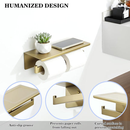 Alise GYT5002-G Double Toilet Paper Holder Bathroom Tissue Roll Holder with Shelf,Two Installation of 3M Self-Adhesive and Wall Drill,SUS304 Stainless Steel Golden Finish