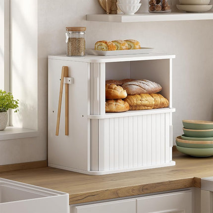 WOWLIVE 2-Tier Bread Box for Kitchen Countertop, Double Layer Roll Top Bread Boxes with Sliding Doors, Extra Large Bread Storage Cabinet for Loaves & Pastries, Bamboo Counter Organizer, White