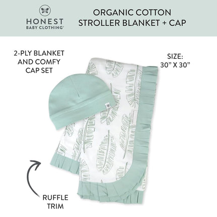 HonestBaby Knit Stroller Blanket with Trim Detail and Baby Hat 100% Organic Cotton for Infant Boys, Girls, Jumbo Leaf Sage (2-Pack), One Size