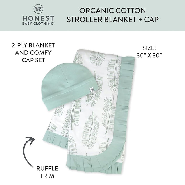 HonestBaby Knit Stroller Blanket with Trim Detail and Baby Hat 100% Organic Cotton for Infant Boys, Girls, Jumbo Leaf Sage (2-Pack), One Size
